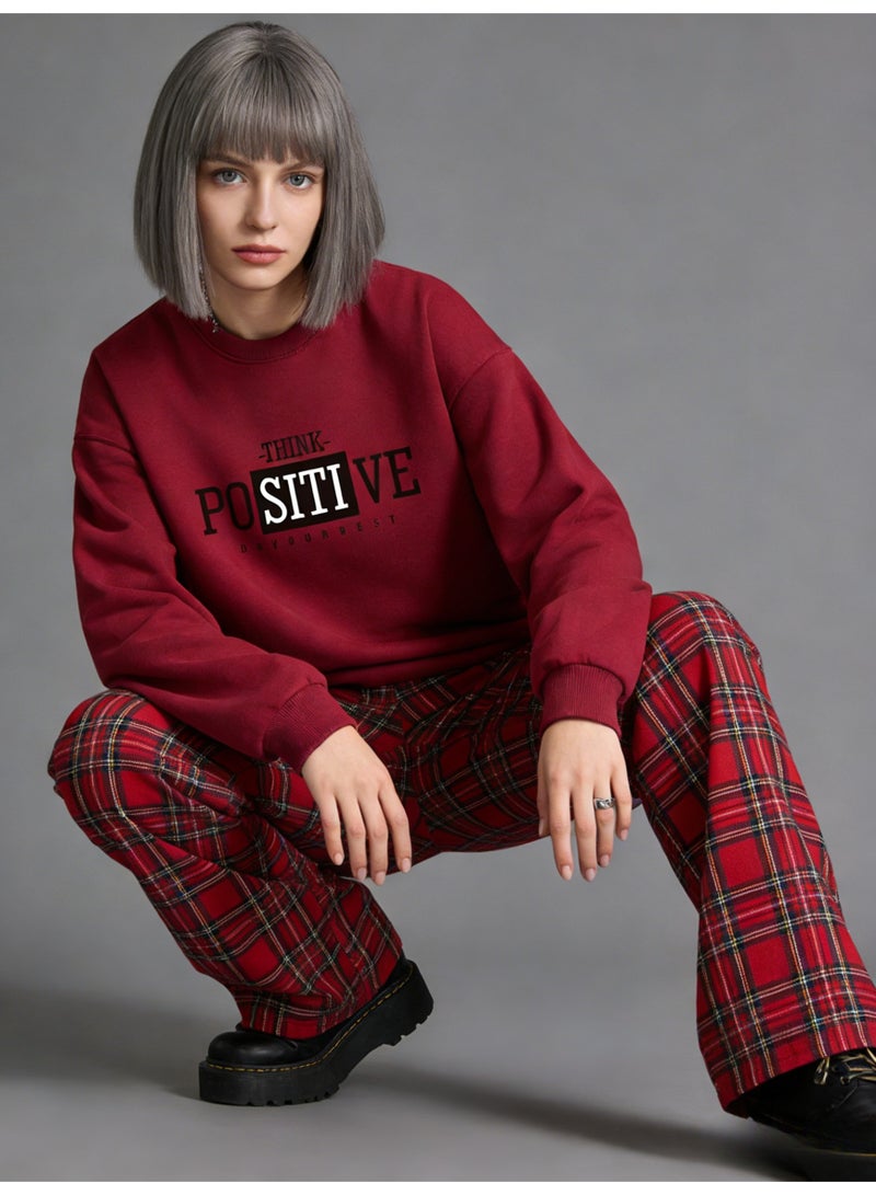 BM INS Burgundy "THINK POSITIVE" Block Letter Oversized Crew Neck Sweatshirt | Unisex Pullover With "DO YOUR BEST" Slogan - Image 4